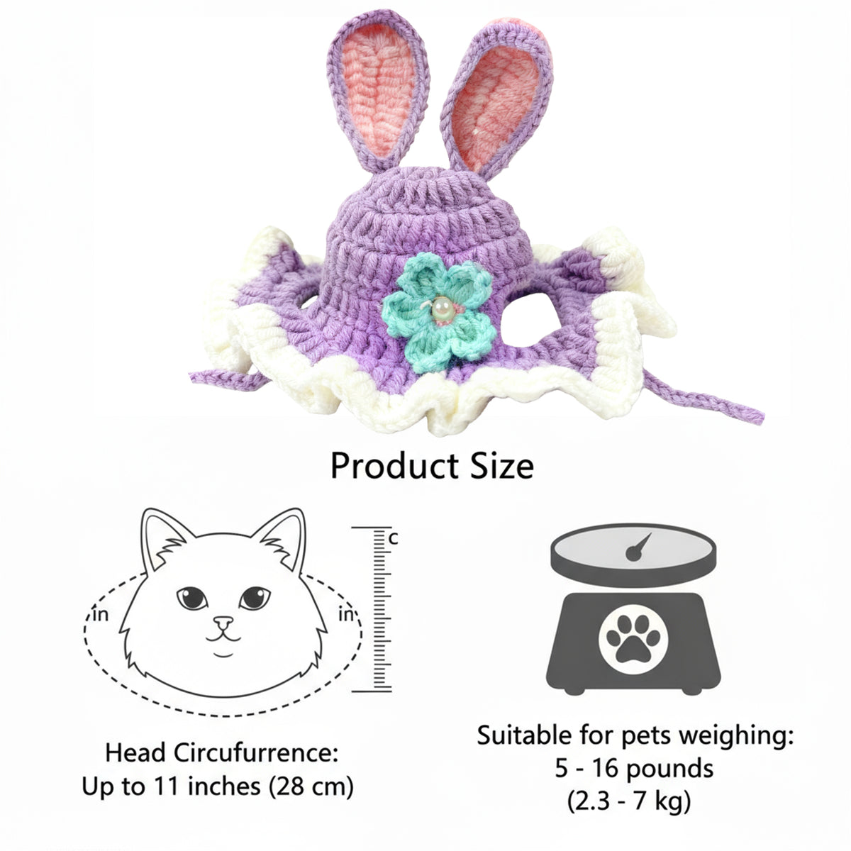 Cute Cat Hats Costume Suitable for 5 to16 lbs - Rabbit Kitten Hat Head Circumference 11" or Less Cat Hats for Cats only Pet Photography Outfits
