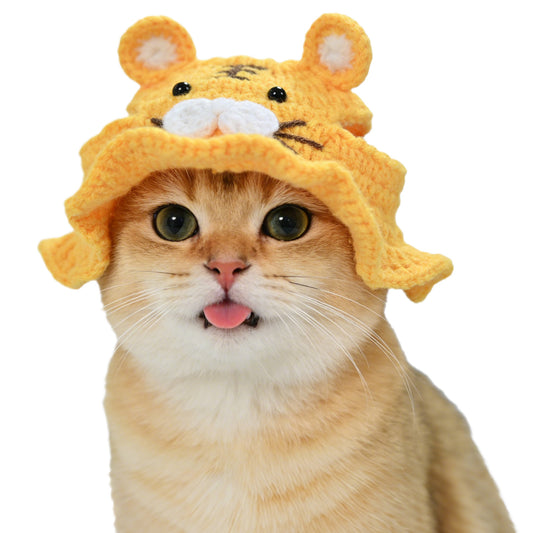 Tiger Cat Hat, Cotton & Soft Cute Knitted Hats for Cats Birthday Party Spring Puppy Hat for Small Pets (Yellow, M)