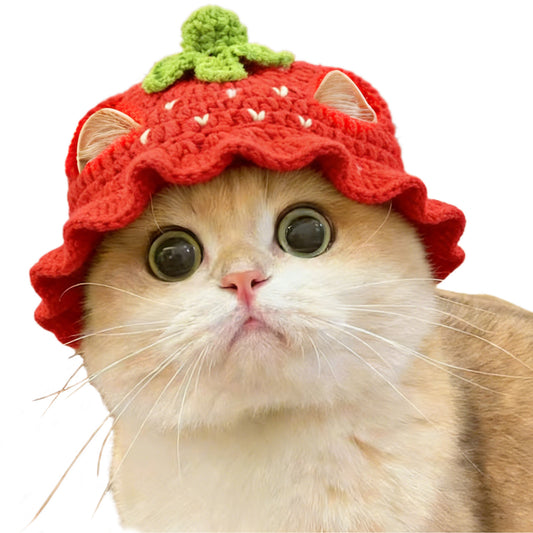 Strawberry Cat Hat, Cotton & Soft Cute Knitted Hats for Cats Birthday Party Christmas Puppy Hat for Small Pets (Red, M)