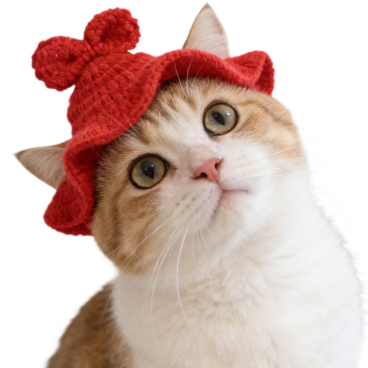 Bow Cat Hat, Cotton & Soft Cute Knitted Hats for Cats Birthday Party Spring Puppy Hat for Small Pets (Red, M)
