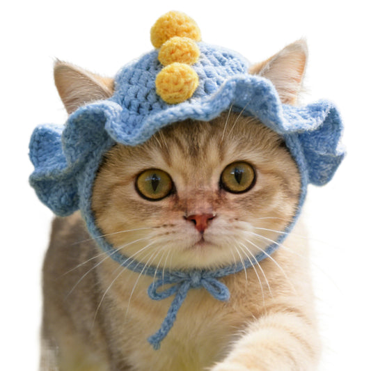Dinosaur Cat Hat, Cotton & Soft Cute Knitted Hats for Cats Birthday Party Spring Puppy Hat for Small Pets (Blue,M)
