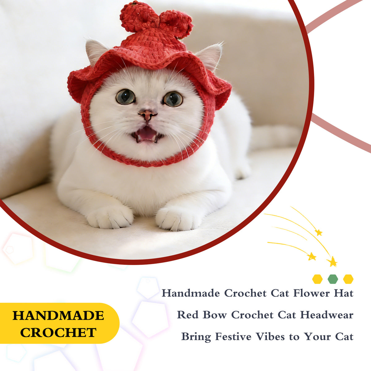 Bow Cat Hat, Cotton & Soft Cute Knitted Hats for Cats Birthday Party Spring Puppy Hat for Small Pets (Red, M)