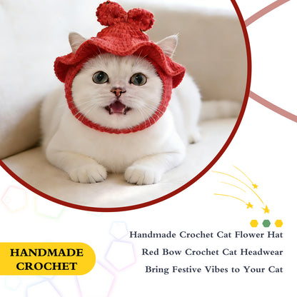 Bow Cat Hat, Cotton & Soft Cute Knitted Hats for Cats Birthday Party Spring Puppy Hat for Small Pets (Red, M)