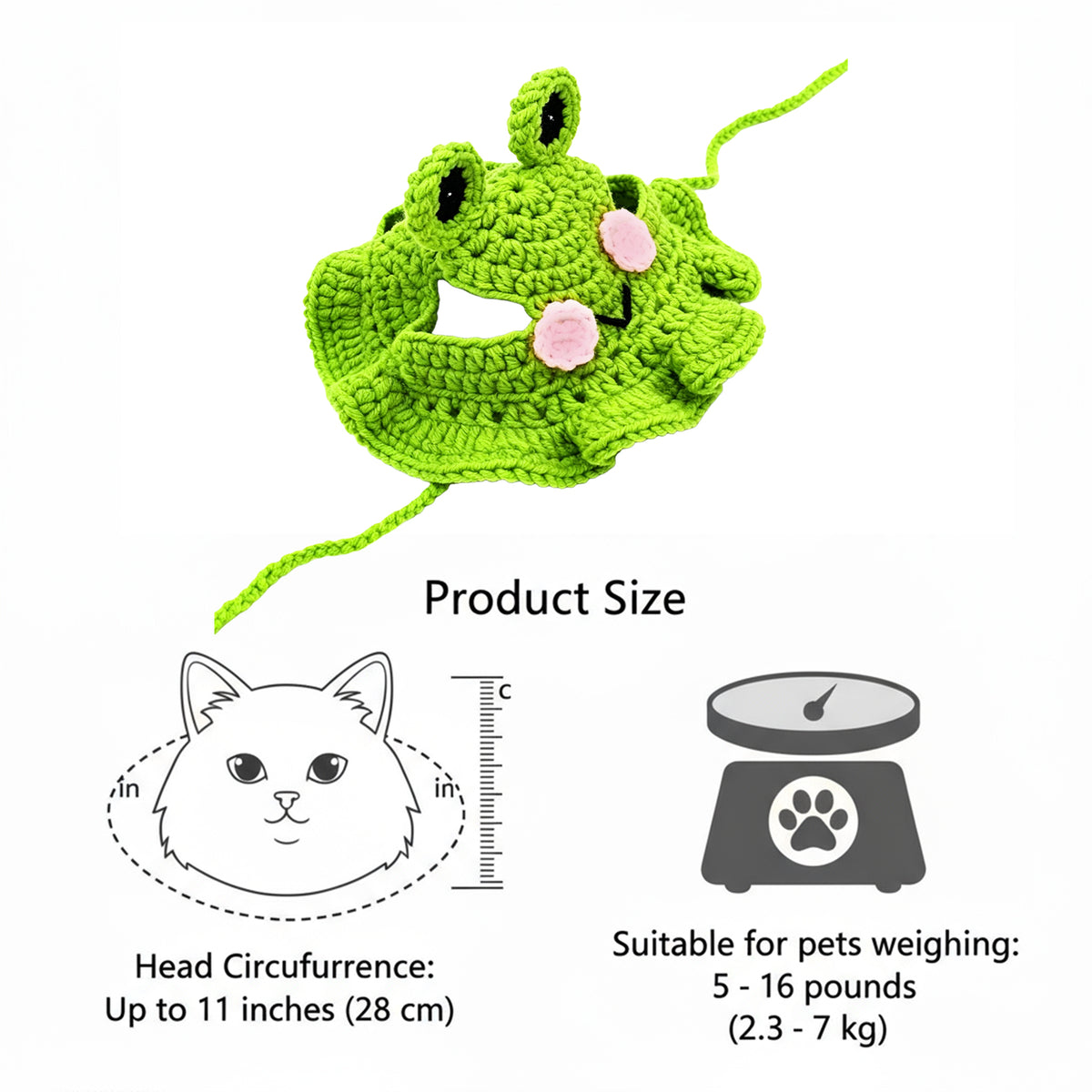 Cute Cat Hat Costume Suitable for 5 to16 lbs - Frog Cat Bonnet Head Circumference 11" or Less Cat Halloween Costumes Pet Photography Outfits
