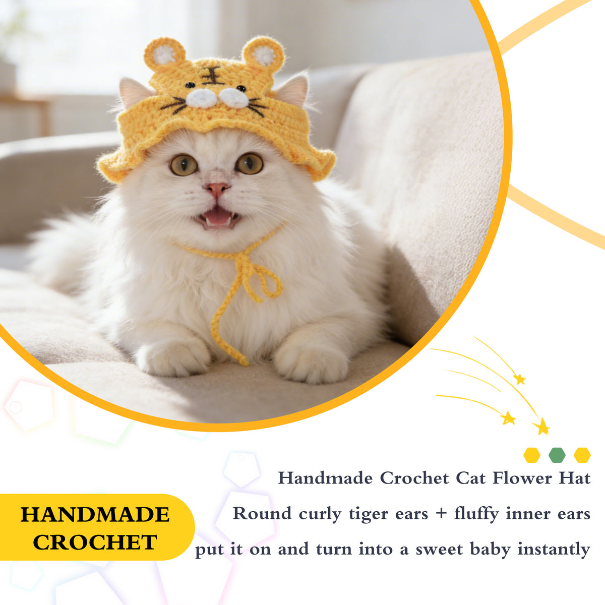 Tiger Cat Hat, Cotton & Soft Cute Knitted Hats for Cats Birthday Party Spring Puppy Hat for Small Pets (Yellow, M)