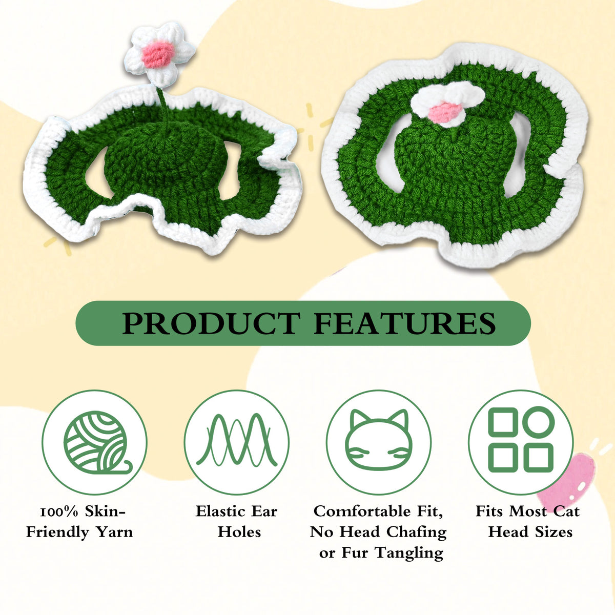 Flower Cat Hat, Cotton & Soft Cute Knitted Hats for Cats Birthday Party Spring Puppy Hat for Small Pets (Green,M)