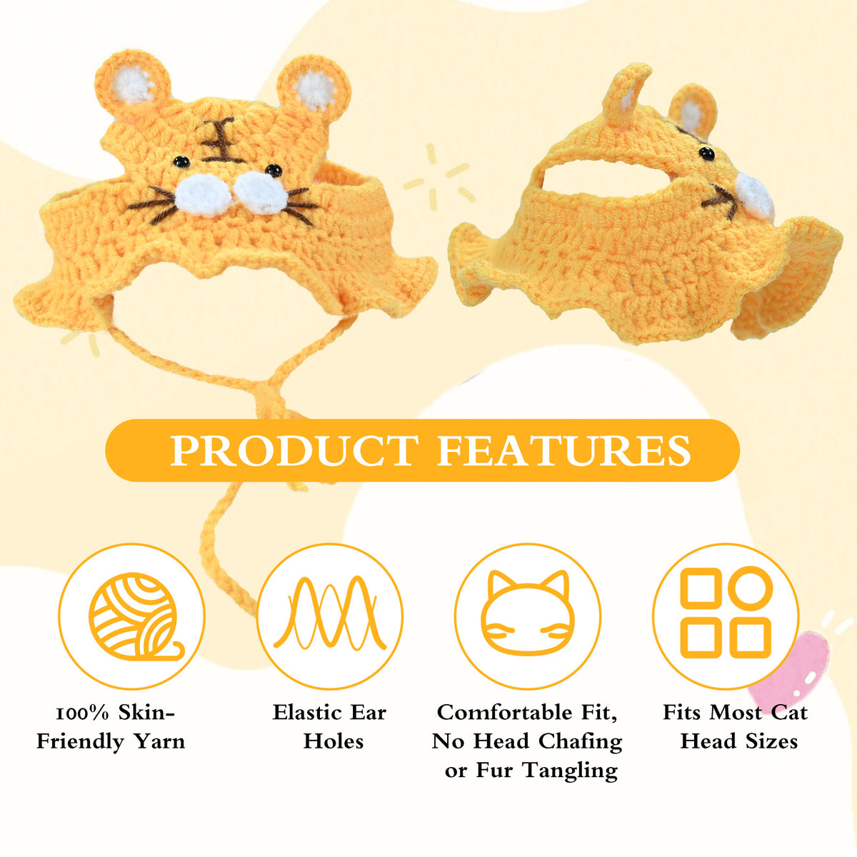 Tiger Cat Hat, Cotton & Soft Cute Knitted Hats for Cats Birthday Party Spring Puppy Hat for Small Pets (Yellow, M)