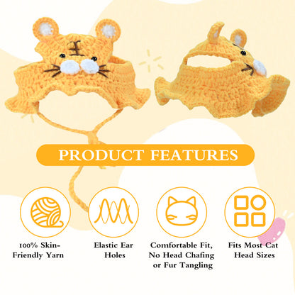 Tiger Cat Hat, Cotton & Soft Cute Knitted Hats for Cats Birthday Party Spring Puppy Hat for Small Pets (Yellow, M)