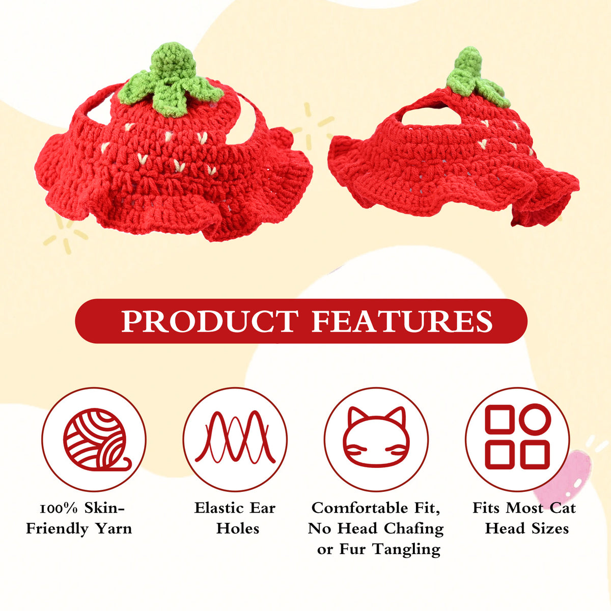 Strawberry Cat Hat, Cotton & Soft Cute Knitted Hats for Cats Birthday Party Christmas Puppy Hat for Small Pets (Red, M)