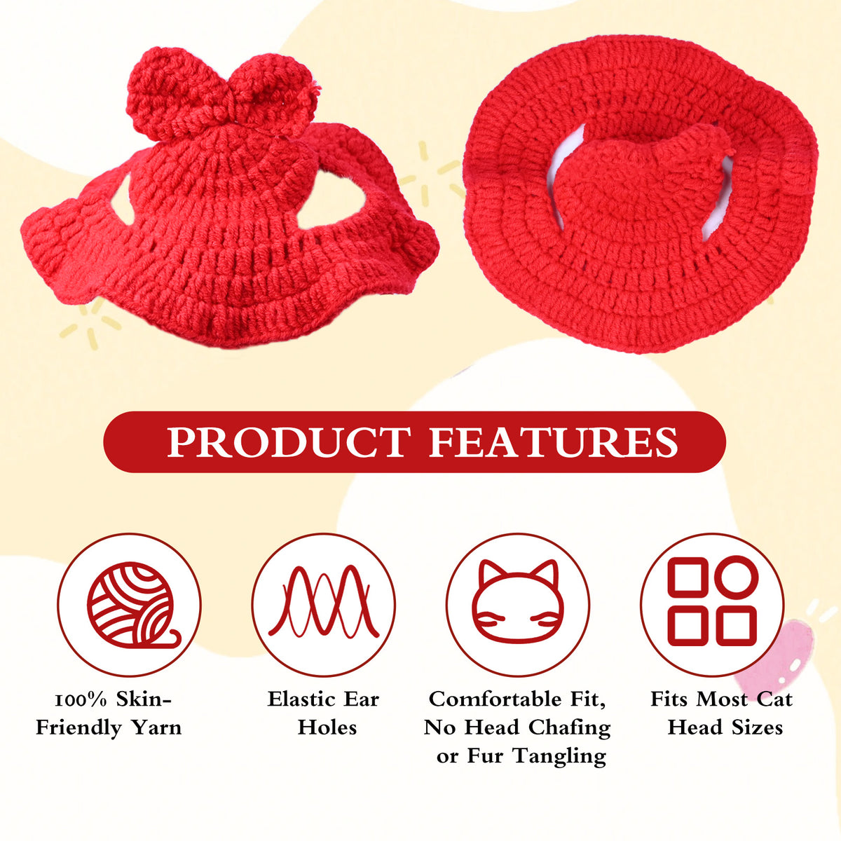 Bow Cat Hat, Cotton & Soft Cute Knitted Hats for Cats Birthday Party Spring Puppy Hat for Small Pets (Red, M)