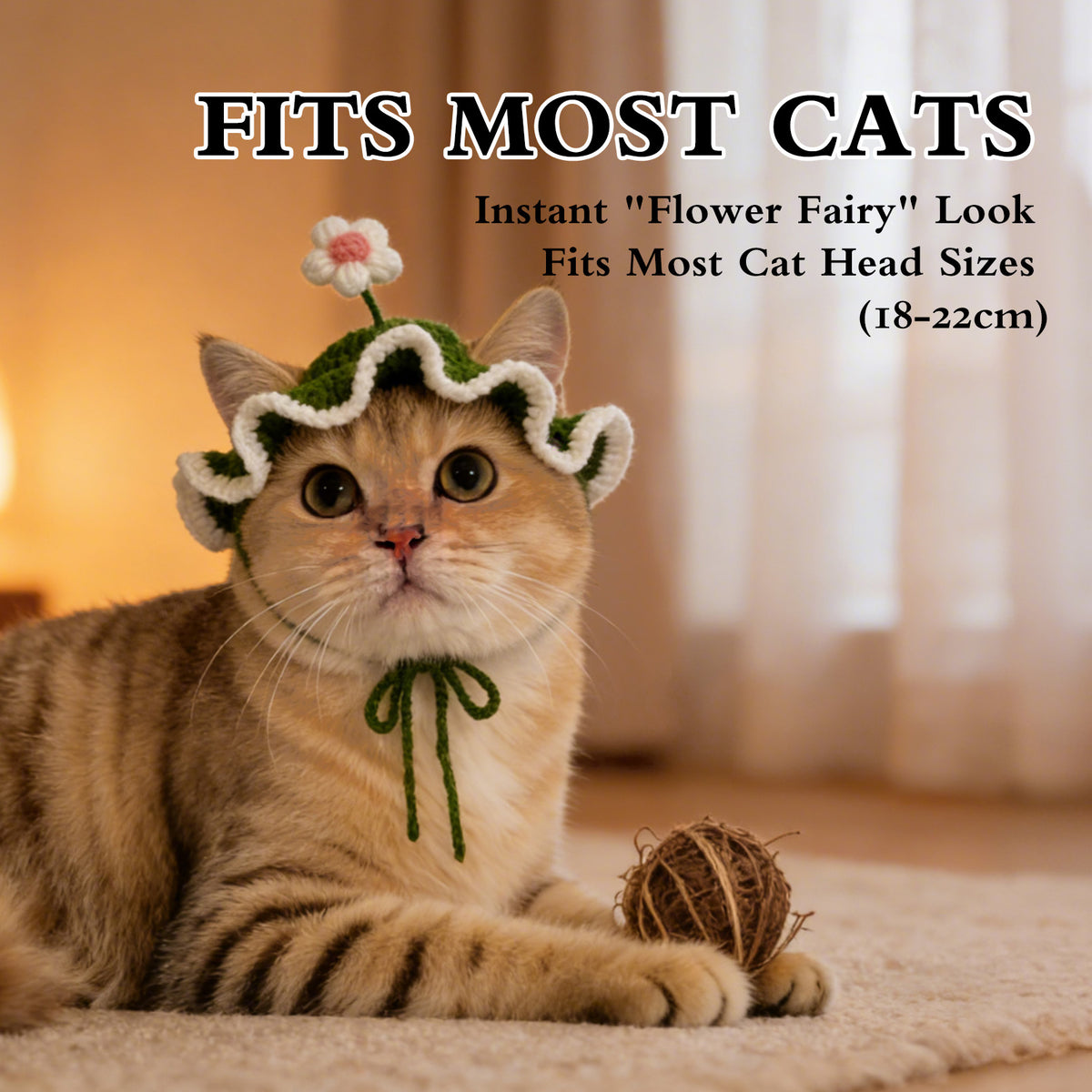 Flower Cat Hat, Cotton & Soft Cute Knitted Hats for Cats Birthday Party Spring Puppy Hat for Small Pets (Green,M)