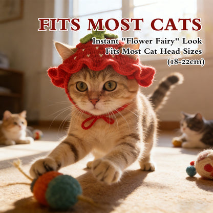 Strawberry Cat Hat, Cotton & Soft Cute Knitted Hats for Cats Birthday Party Christmas Puppy Hat for Small Pets (Red, M)