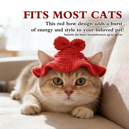 Bow Cat Hat, Cotton & Soft Cute Knitted Hats for Cats Birthday Party Spring Puppy Hat for Small Pets (Red, M)