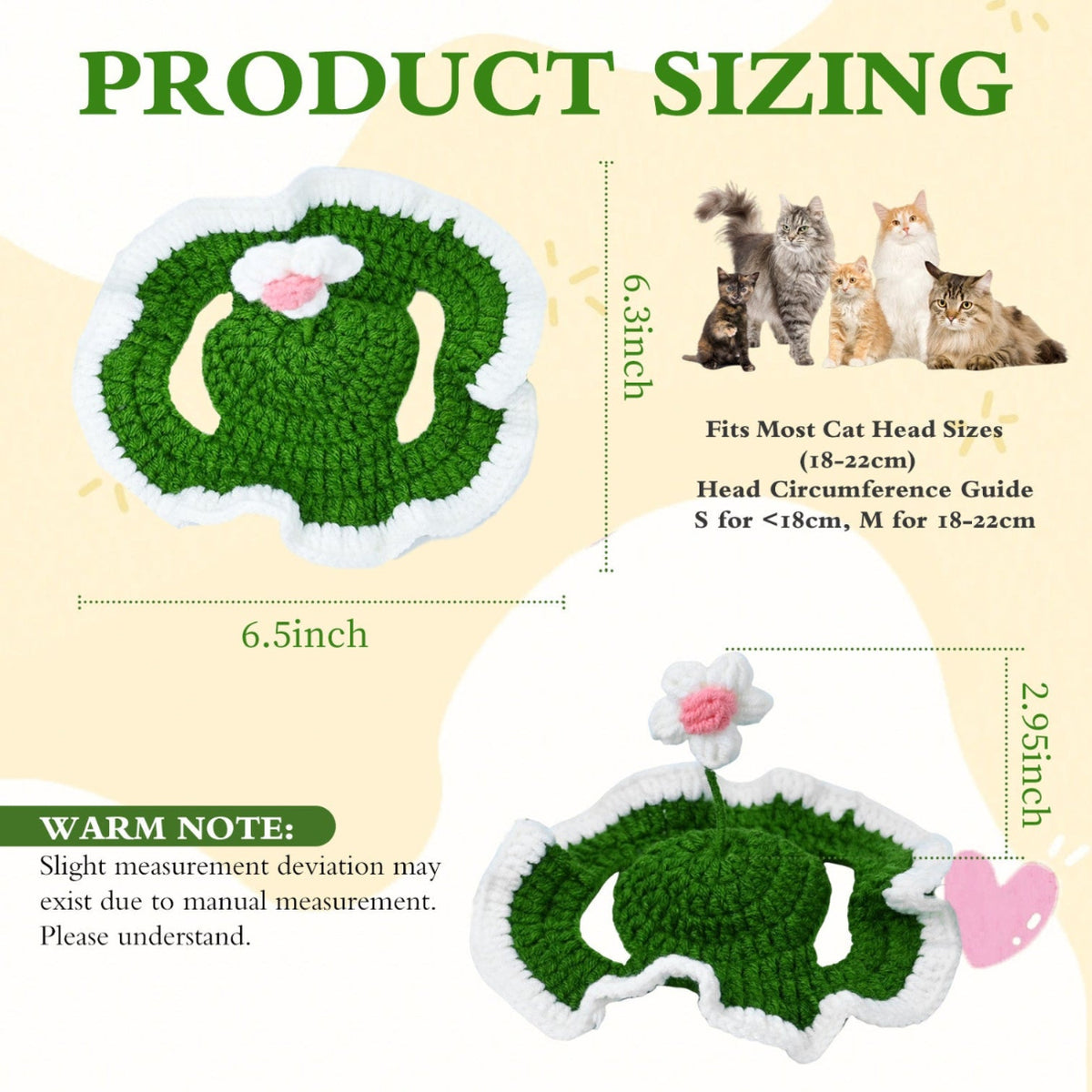 Flower Cat Hat, Cotton & Soft Cute Knitted Hats for Cats Birthday Party Spring Puppy Hat for Small Pets (Green,M)