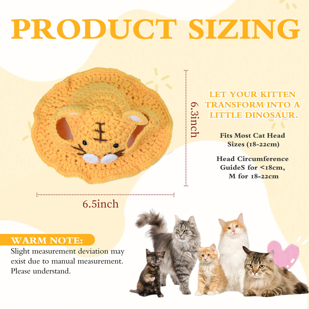 Tiger Cat Hat, Cotton & Soft Cute Knitted Hats for Cats Birthday Party Spring Puppy Hat for Small Pets (Yellow, M)
