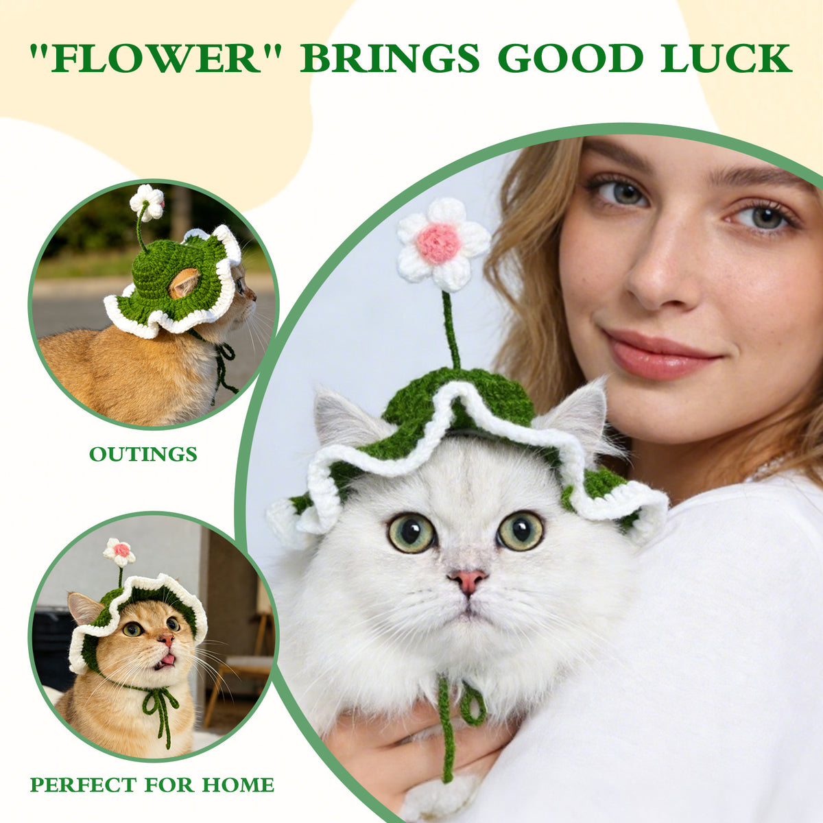Flower Cat Hat, Cotton & Soft Cute Knitted Hats for Cats Birthday Party Spring Puppy Hat for Small Pets (Green,M)