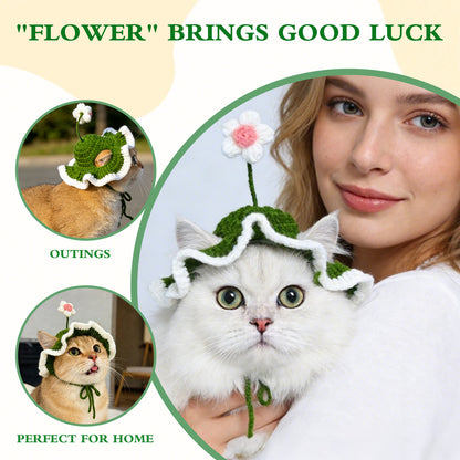 Flower Cat Hat, Cotton & Soft Cute Knitted Hats for Cats Birthday Party Spring Puppy Hat for Small Pets (Green,M)
