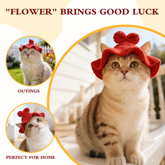 Bow Cat Hat, Cotton & Soft Cute Knitted Hats for Cats Birthday Party Spring Puppy Hat for Small Pets (Red, M)