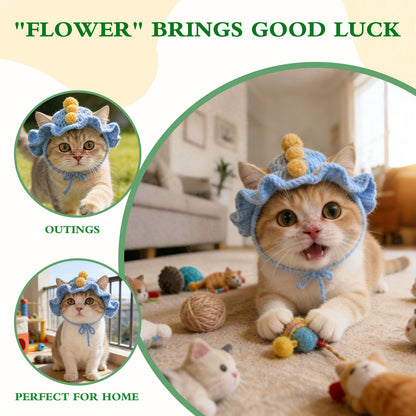 Dinosaur Cat Hat, Cotton & Soft Cute Knitted Hats for Cats Birthday Party Spring Puppy Hat for Small Pets (Blue,M)