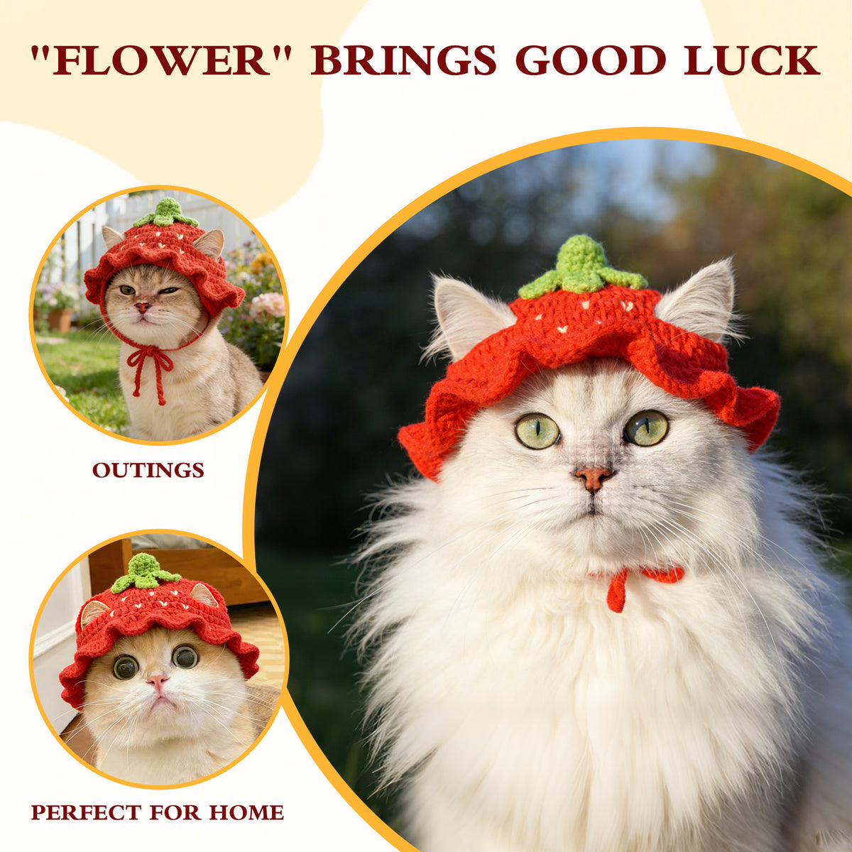 Strawberry Cat Hat, Cotton & Soft Cute Knitted Hats for Cats Birthday Party Christmas Puppy Hat for Small Pets (Red, M)