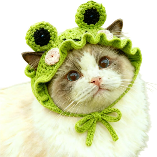 Cute Cat Hat Costume Suitable for 5 to16 lbs - Frog Cat Bonnet Head Circumference 11" or Less Cat Halloween Costumes Pet Photography Outfits