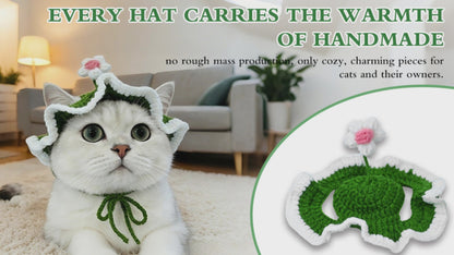 Flower Cat Hat, Cotton & Soft Cute Knitted Hats for Cats Birthday Party Spring Puppy Hat for Small Pets (Green,M)