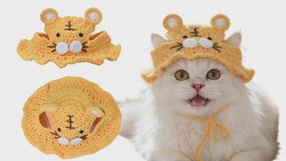 Tiger Cat Hat, Cotton & Soft Cute Knitted Hats for Cats Birthday Party Spring Puppy Hat for Small Pets (Yellow, M)