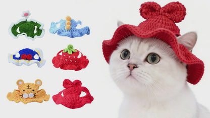 Bow Cat Hat, Cotton & Soft Cute Knitted Hats for Cats Birthday Party Spring Puppy Hat for Small Pets (Red, M)