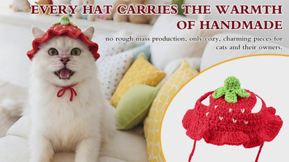 Strawberry Cat Hat, Cotton & Soft Cute Knitted Hats for Cats Birthday Party Christmas Puppy Hat for Small Pets (Red, M)