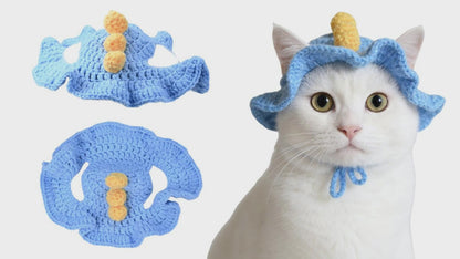 Dinosaur Cat Hat, Cotton & Soft Cute Knitted Hats for Cats Birthday Party Spring Puppy Hat for Small Pets (Blue,M)